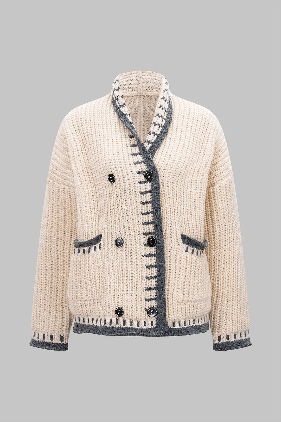 Knit Color Block Button Long Sleeve Cardigan - Weenar
