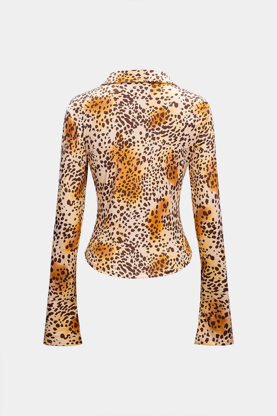 Leopard Print Lapel Long-Sleeve Top - Weenar