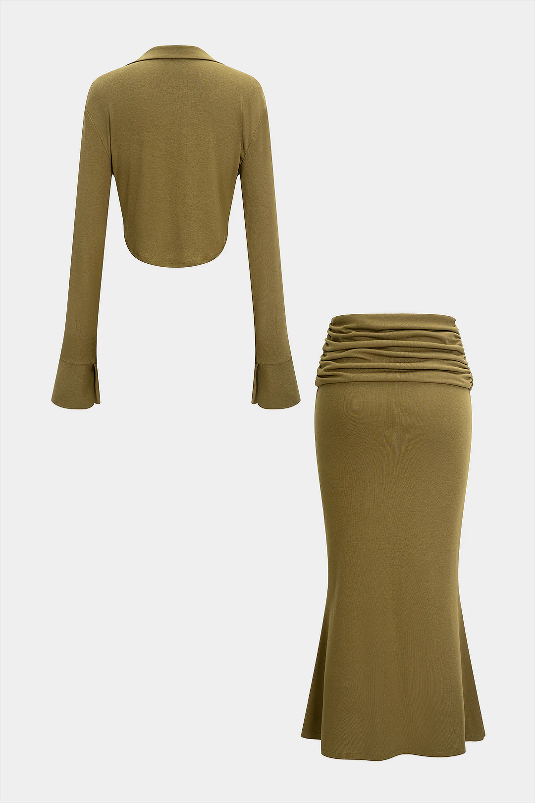 Draped Cowl Neck Long-Sleeve Top And Ruched Skirt Set - Weenar