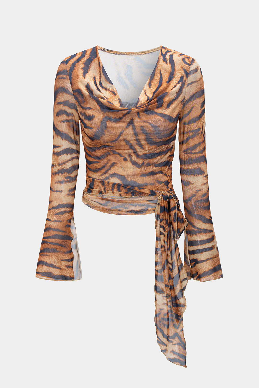 Leopard Print Draped Cowl Neck Tie Front Long-Sleeve Top - Weenar