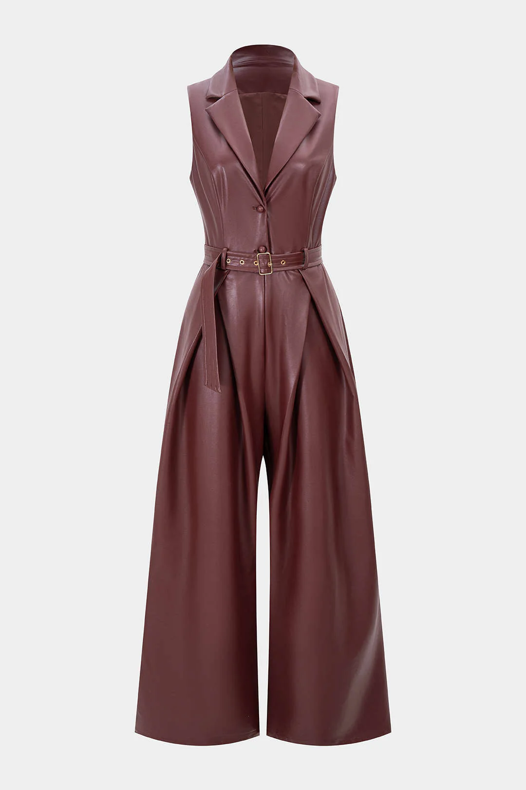 Faux Leather Belted Tank Sleeveless Jumpsuit - Weenar