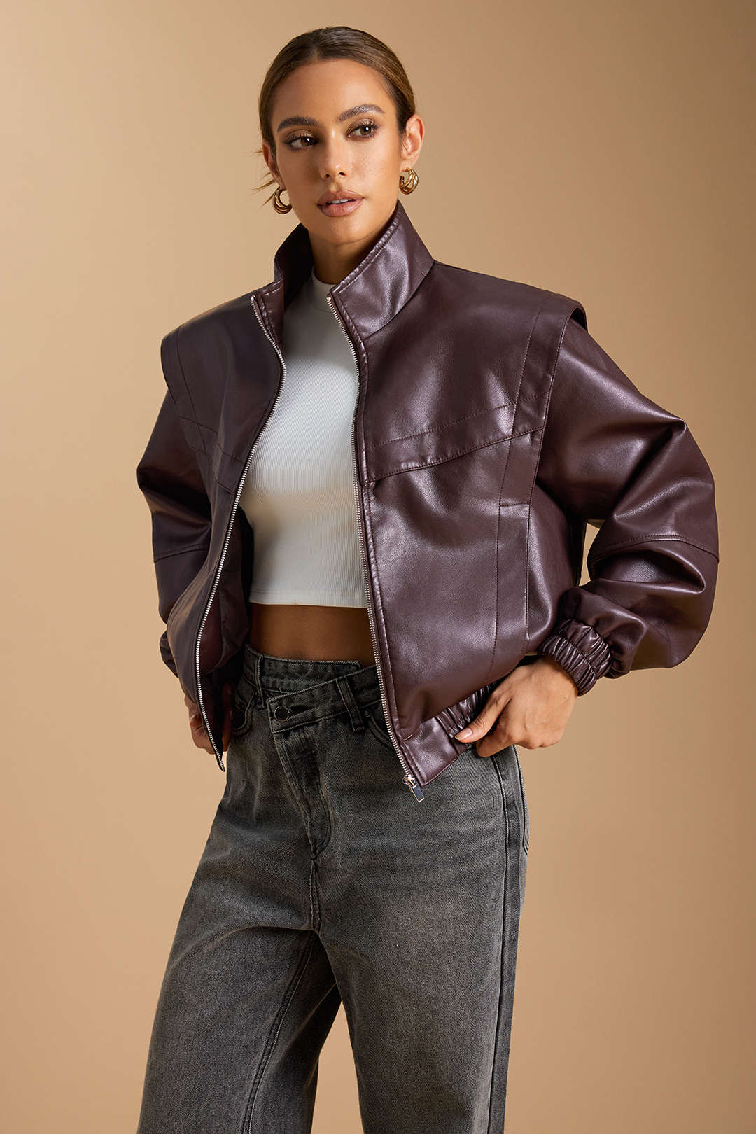 Faux Leather Mock Neck Pocket Zipper Jacket - Weenar