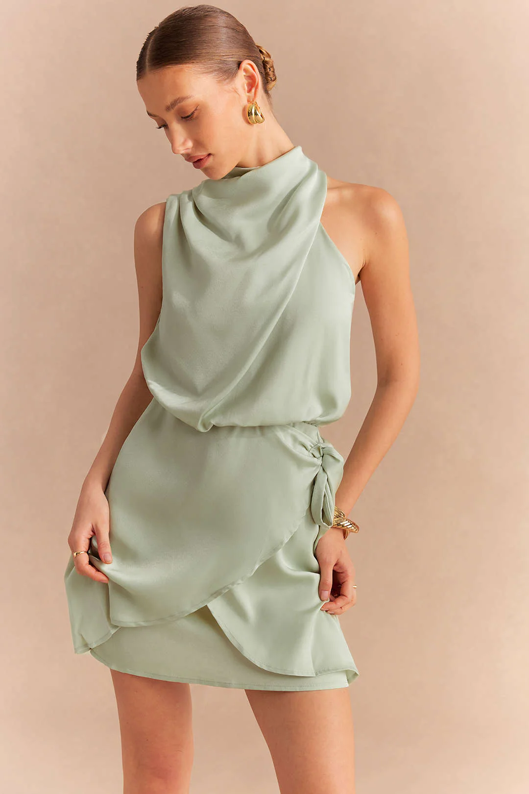 Satin Halter Asymmetrical Ruched Tie-Up Sleeveless Mini Dress - Weenar