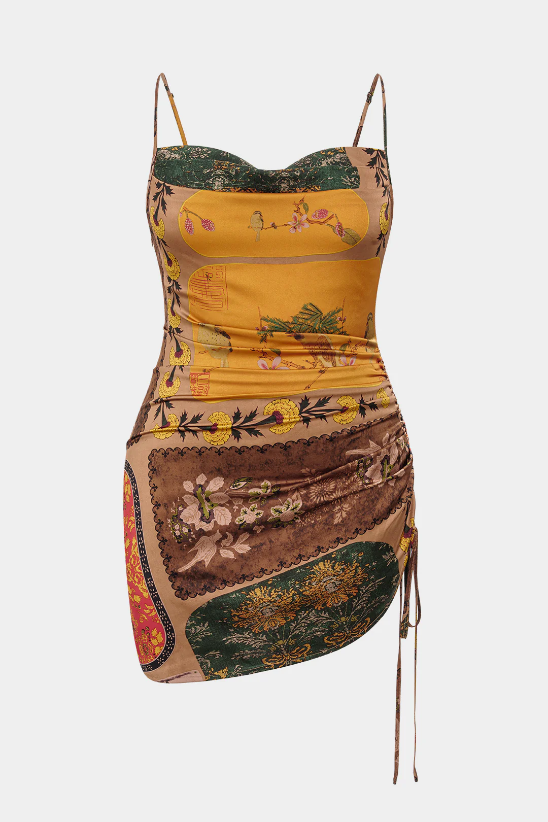 Plus Size Bohemian Print Cowl Neck Ruched Sleeveless Mini Dress - Weenar