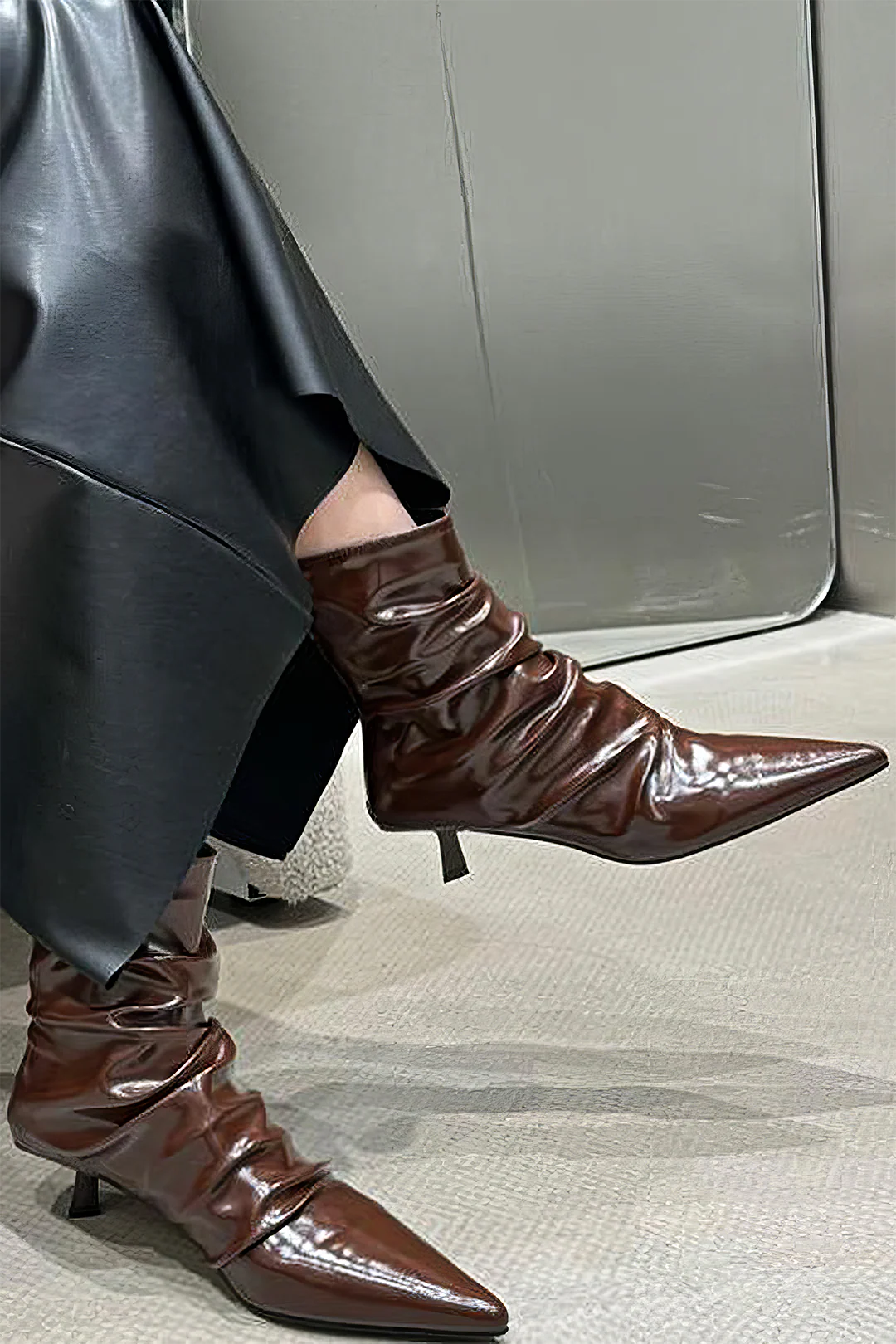 Wrinkled Faux Leather Pointed Ankle Boots - Weenar