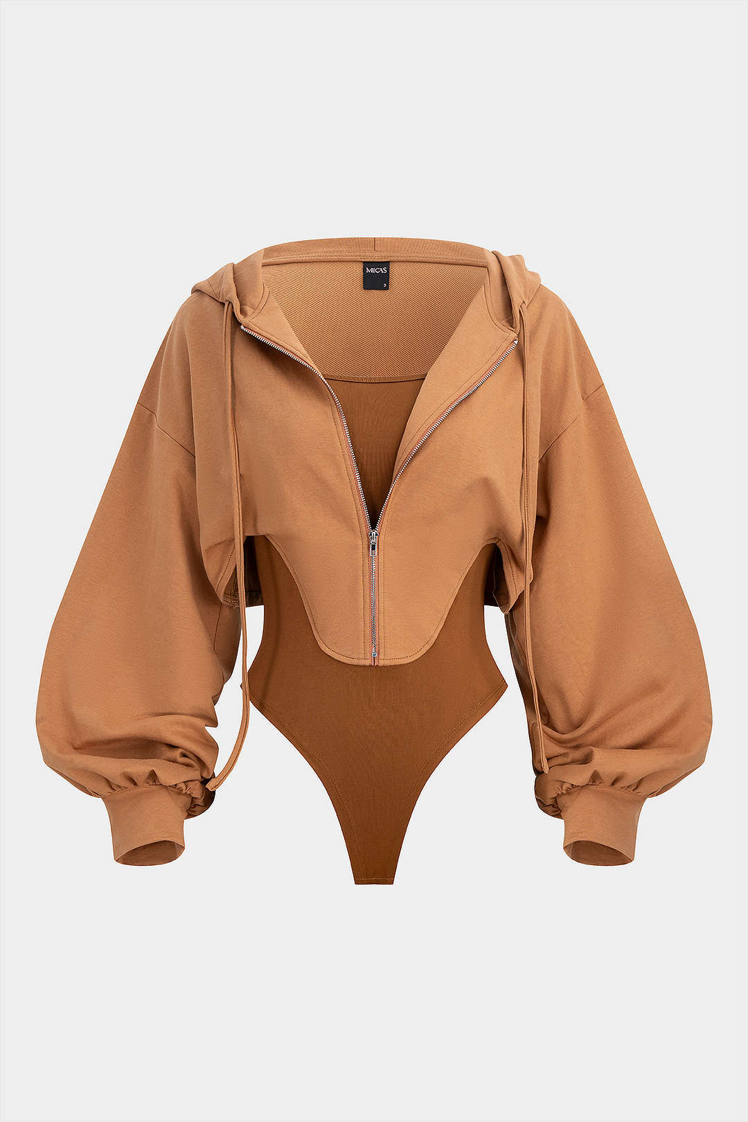 Contrast Hooded Zipper Drawstrings Long-Sleeve Bodysuit - Weenar