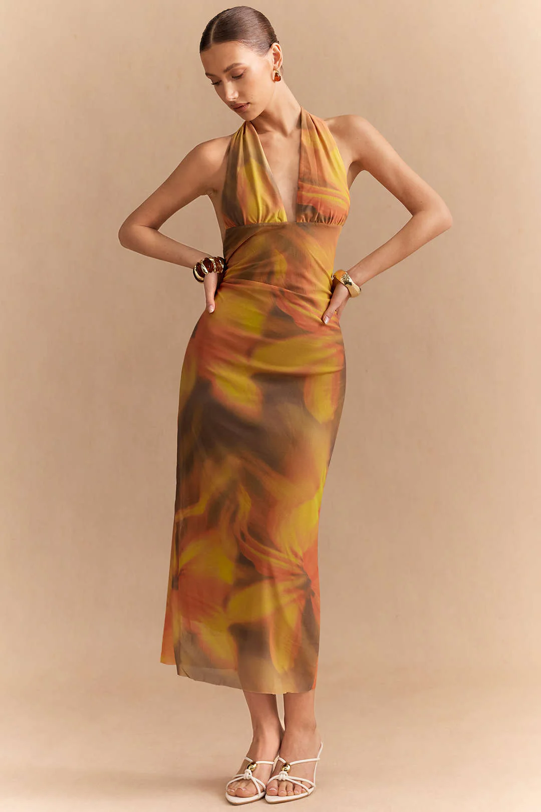 Floral Print Mesh Halter V-Neck Strappy Backless Sleeveless Midi Dress - Weenar