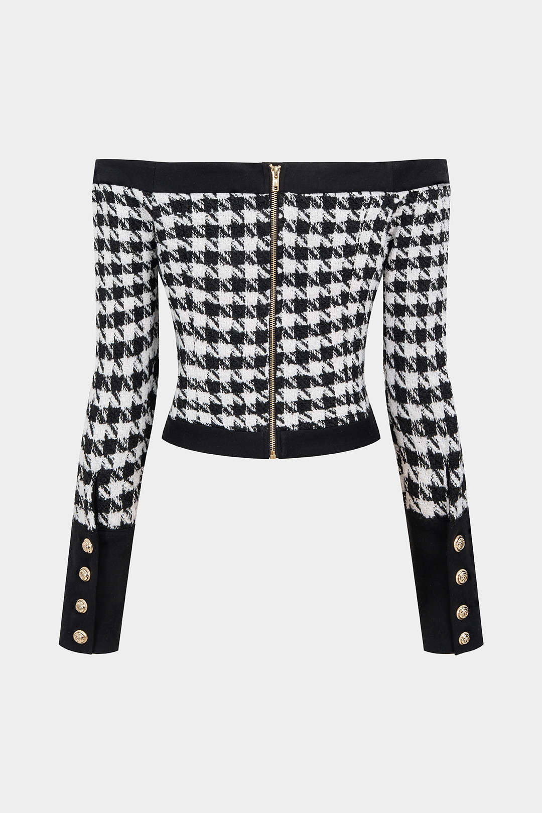 Houndstooth Print Off Shoulder Woolen Button Long-Sleeve Top - Weenar