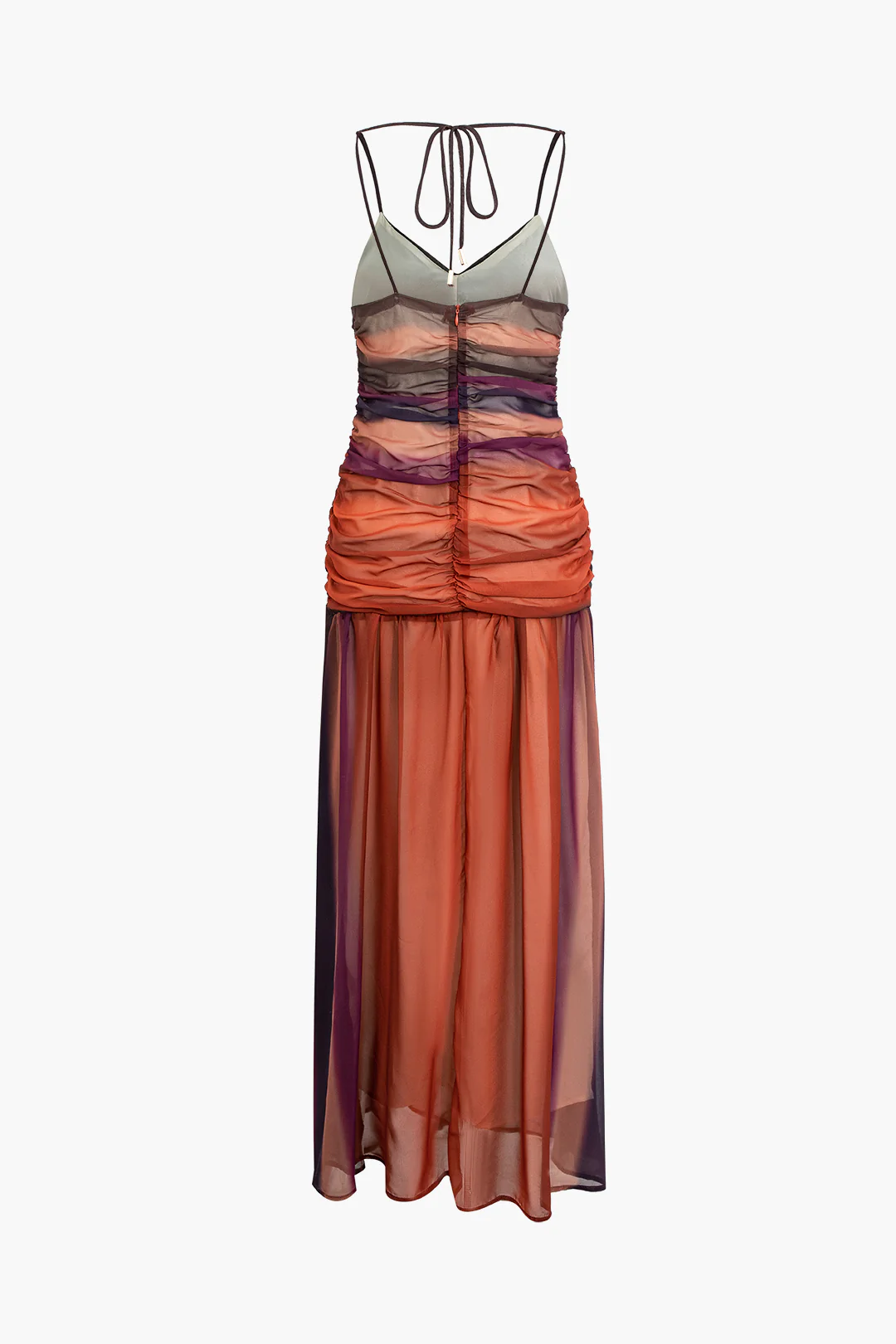 Ombre Print Ruched Backless Tie Up Sleeveless Maxi Dress - Weenar