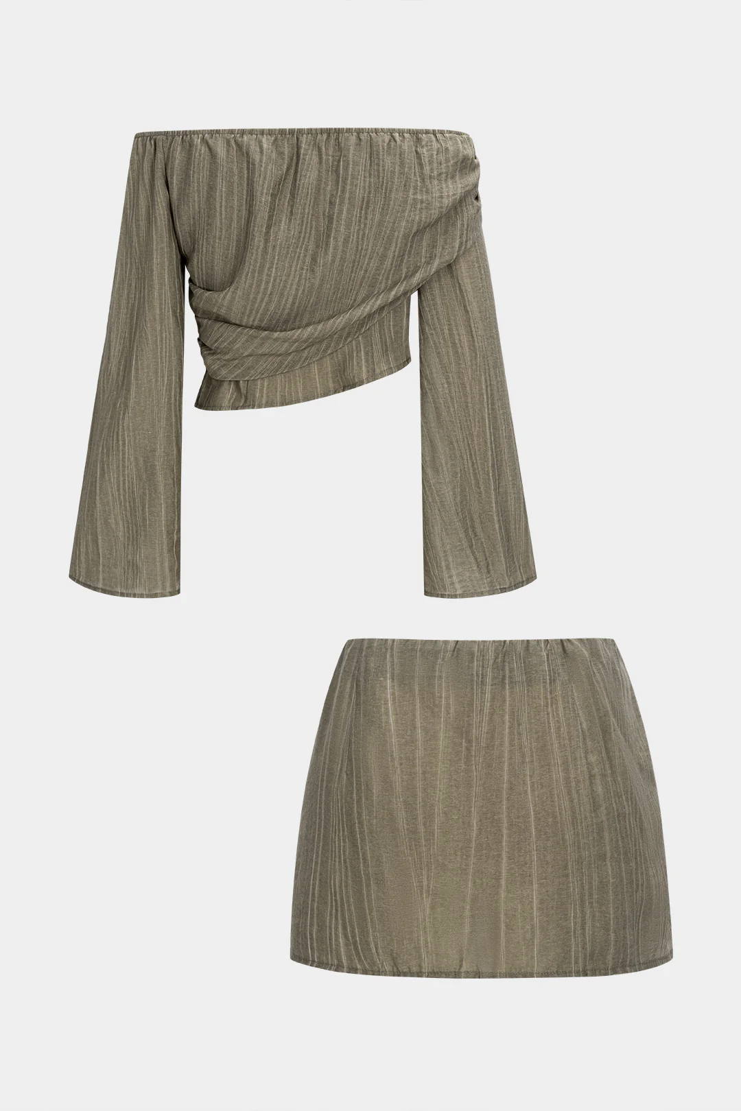 Off Shoulder Stripes Print Long Sleeve Crossed Top And Ruched Mini Skirt Set - Weenar