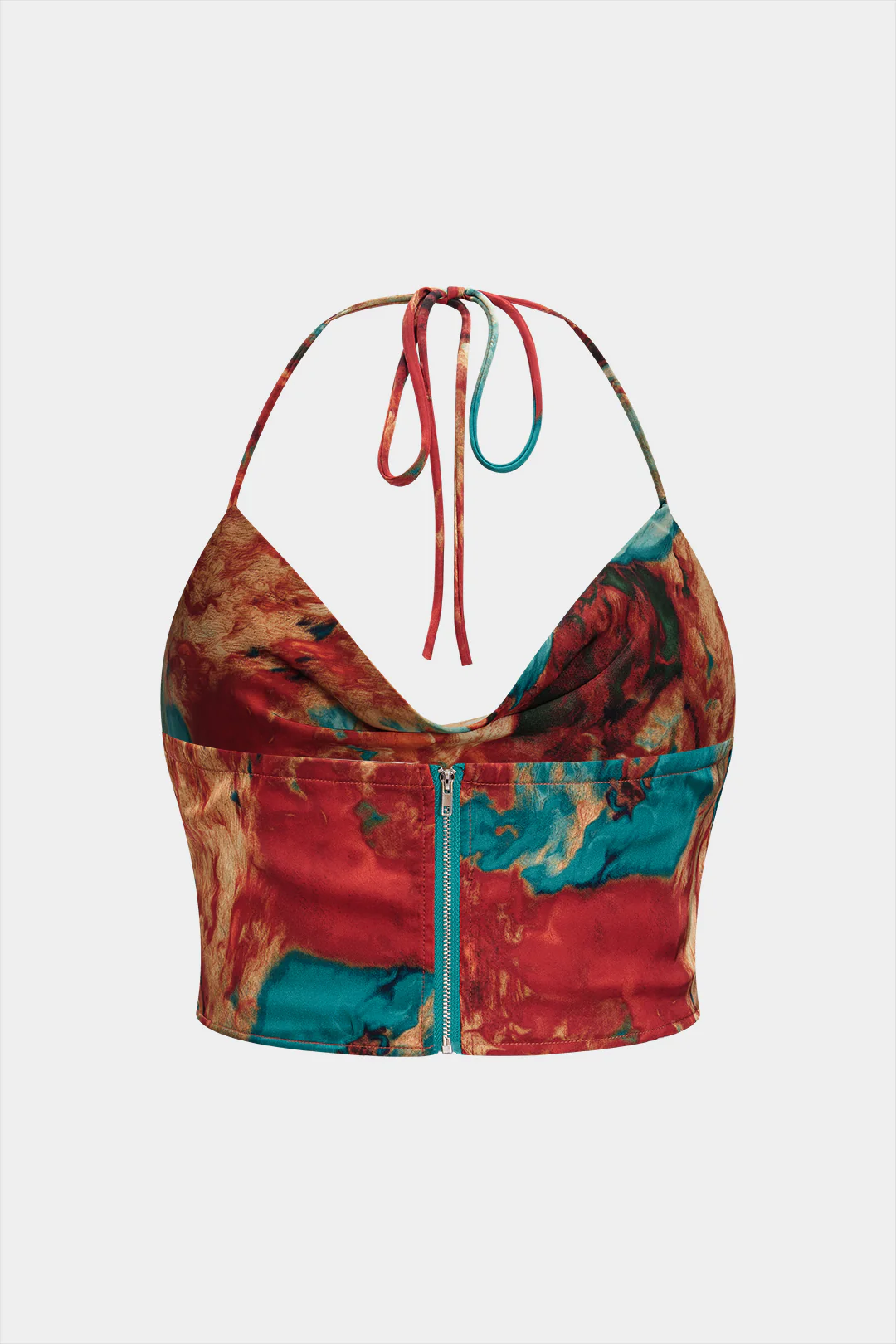 Plus Size Satin Abstract Pattern Zipper Cowl Neck Halter Neck Tie-Up Cami Top - Weenar