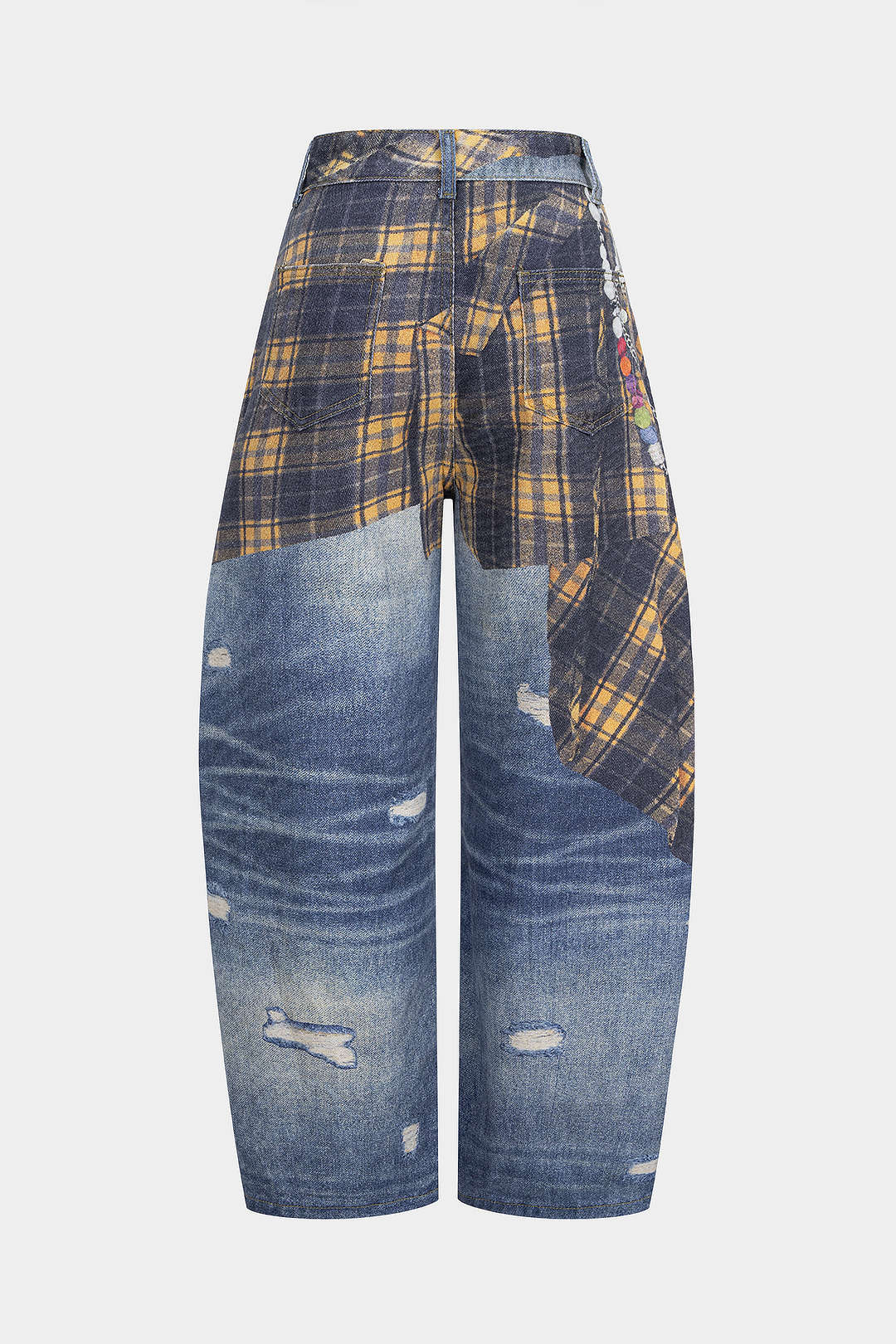 Plaid Denim Print High Waist Wide Leg Pants - Weenar