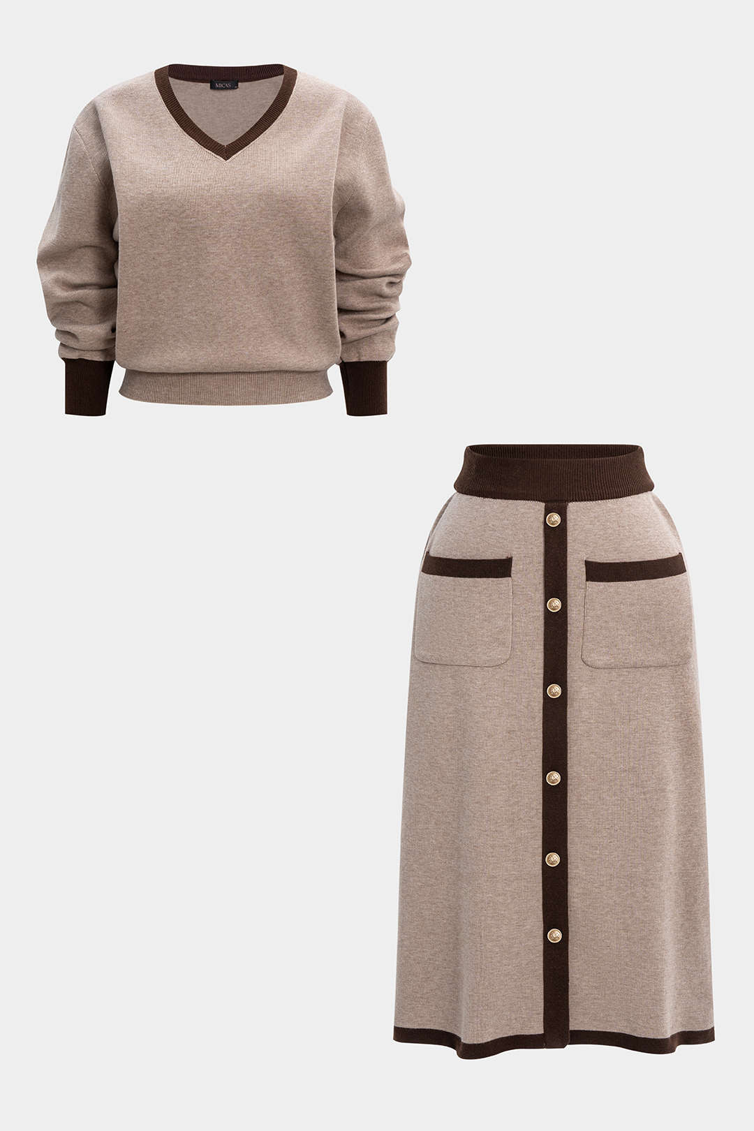 Plus Size Knit Contrast V-Neck Long-Sleeve Top And Pocket Skirt Set - Weenar