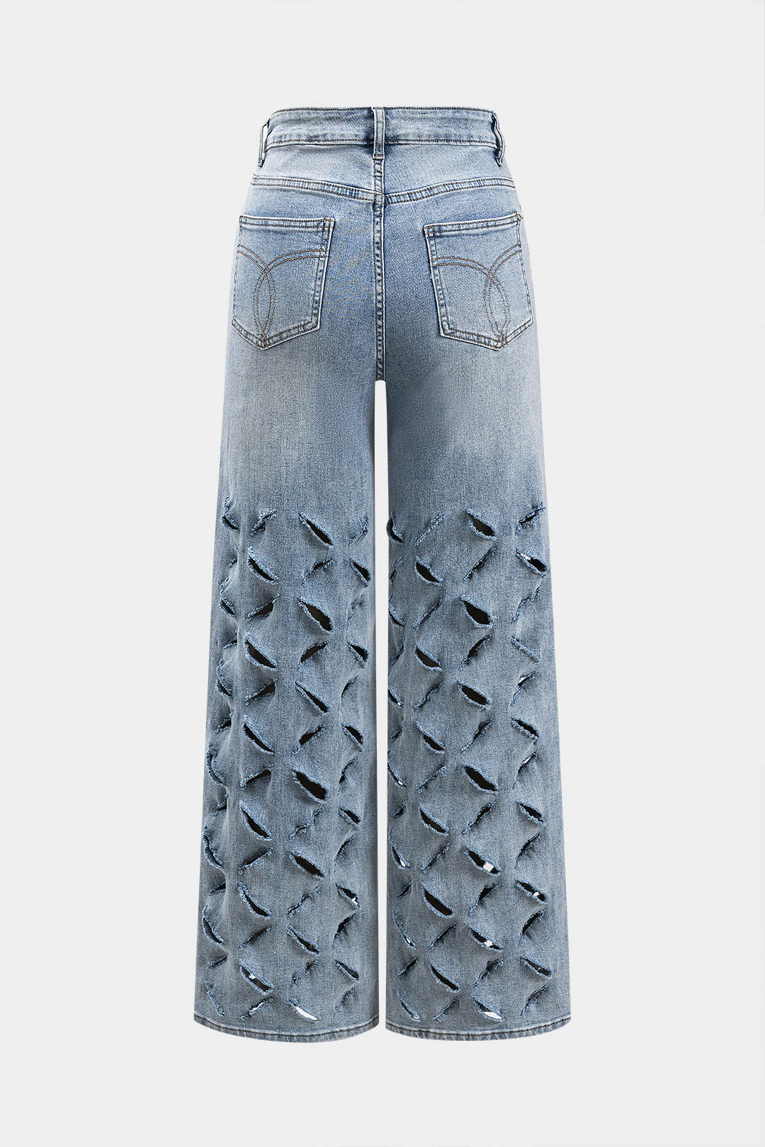 Ripped Cut Out Button Pocket Wide Leg Jeans - Weenar