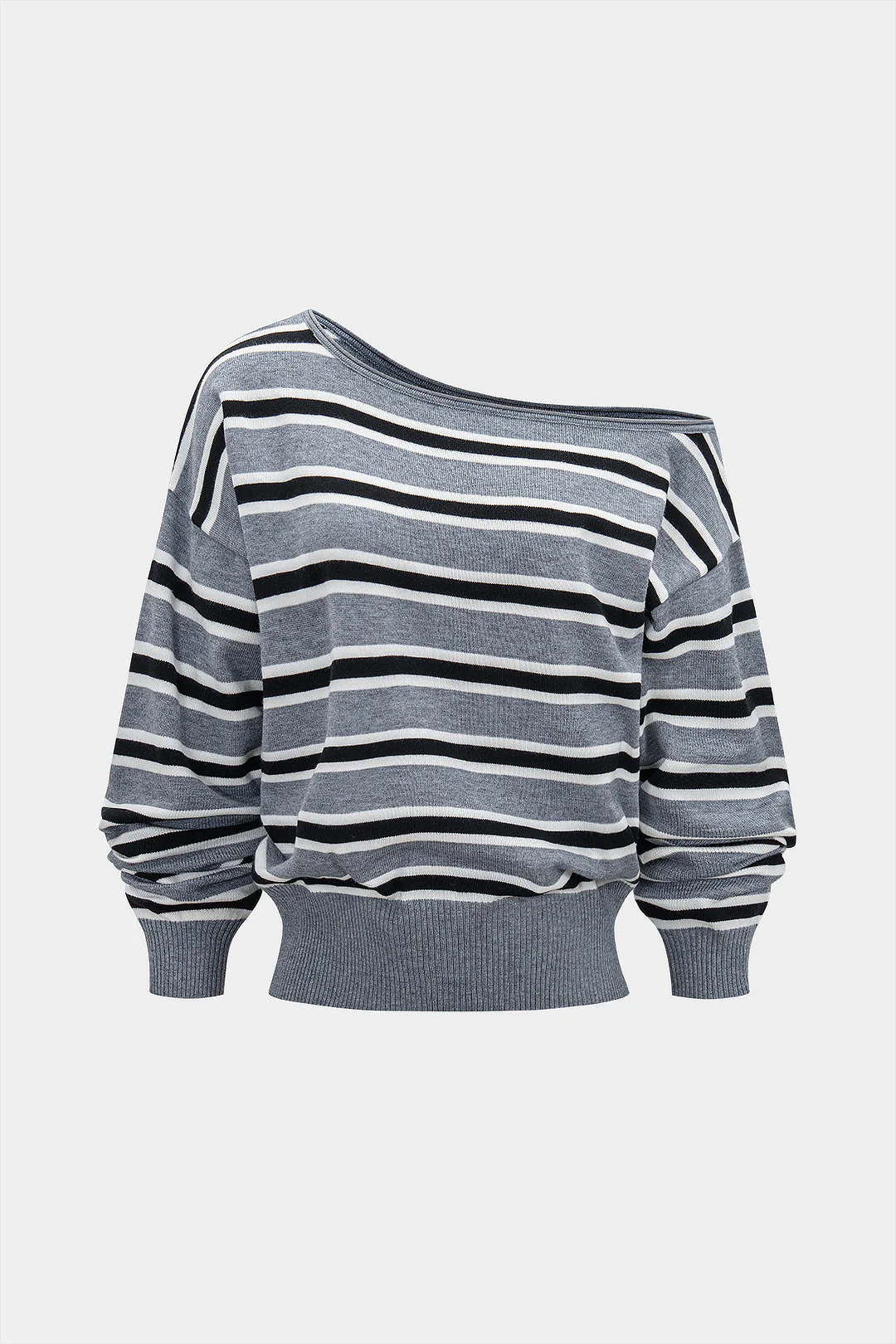 Knit Stripes Contrast Print One Shoulder Long-Sleeve Top - Weenar