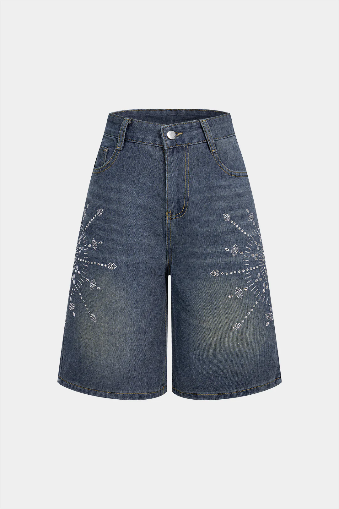Denim Rhinestone Decor Wide Leg Shorts - Weenar