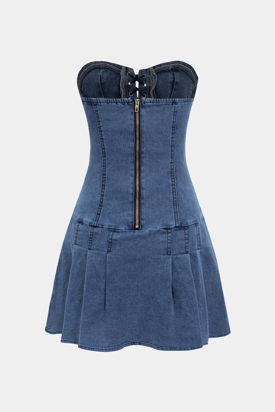 Denim Tie-Front Bustier Zipper Sleeveless Dress - Weenar