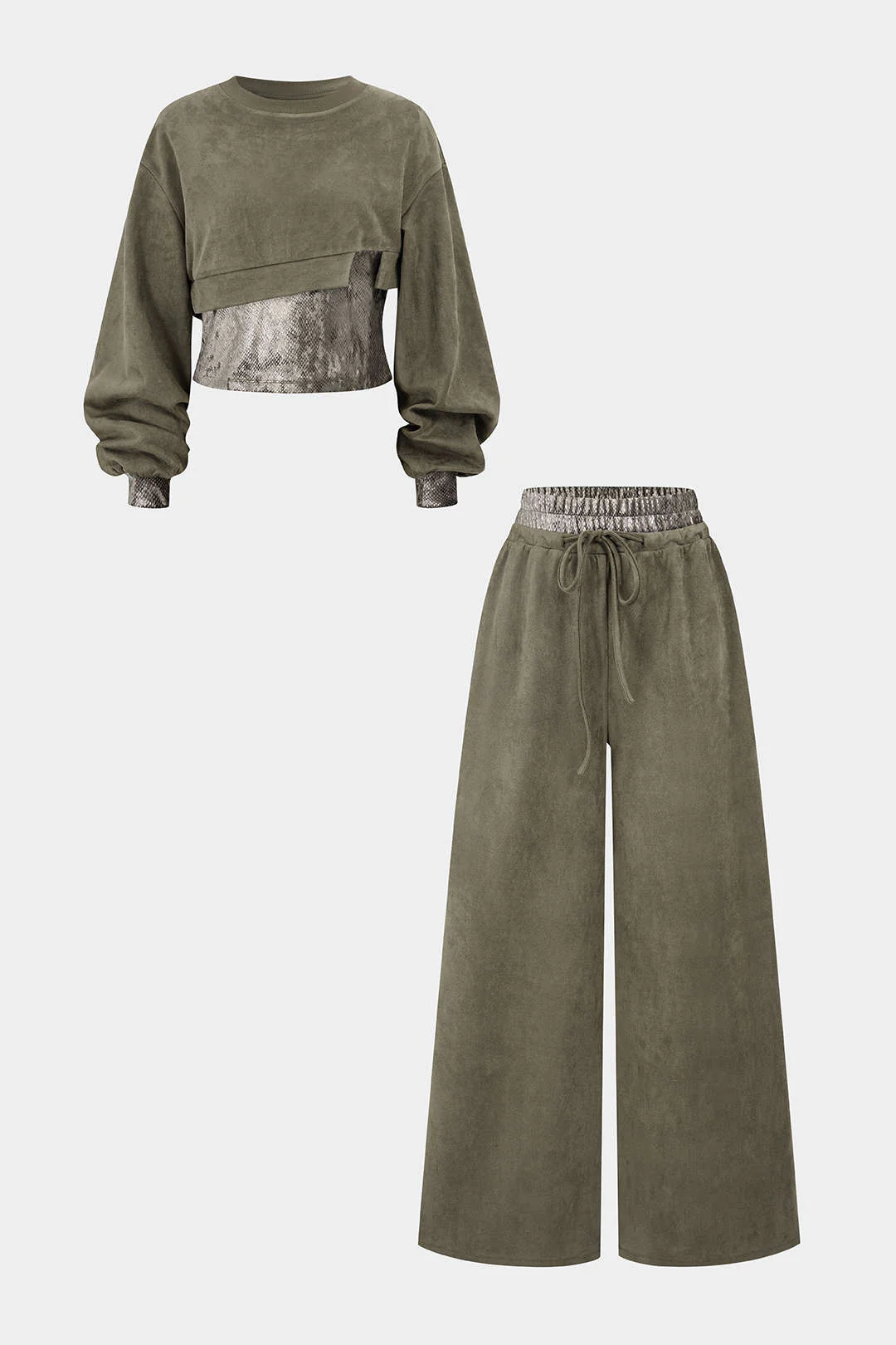 Snake Skin Print Suede Asymmetrical Sweatshirt And Drawstring Wide Leg Pants Set - Weenar