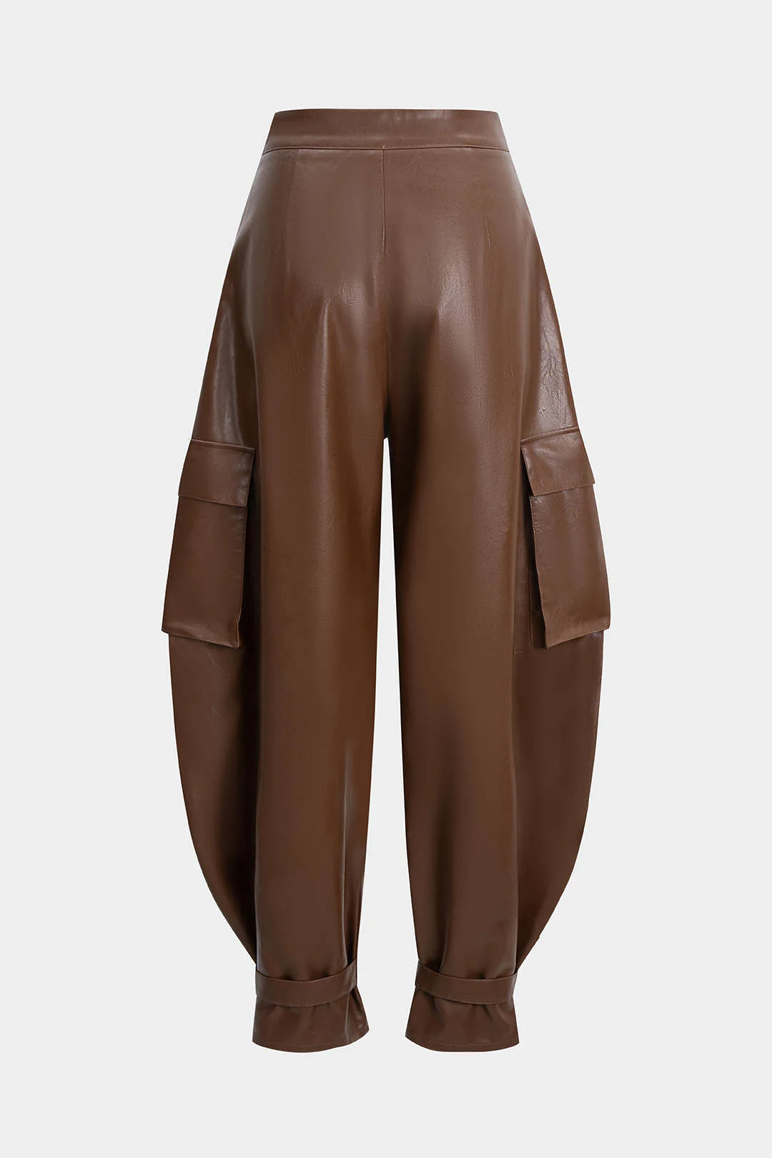 Faux Leather Ruched Pocket Wide Leg Pants - Weenar