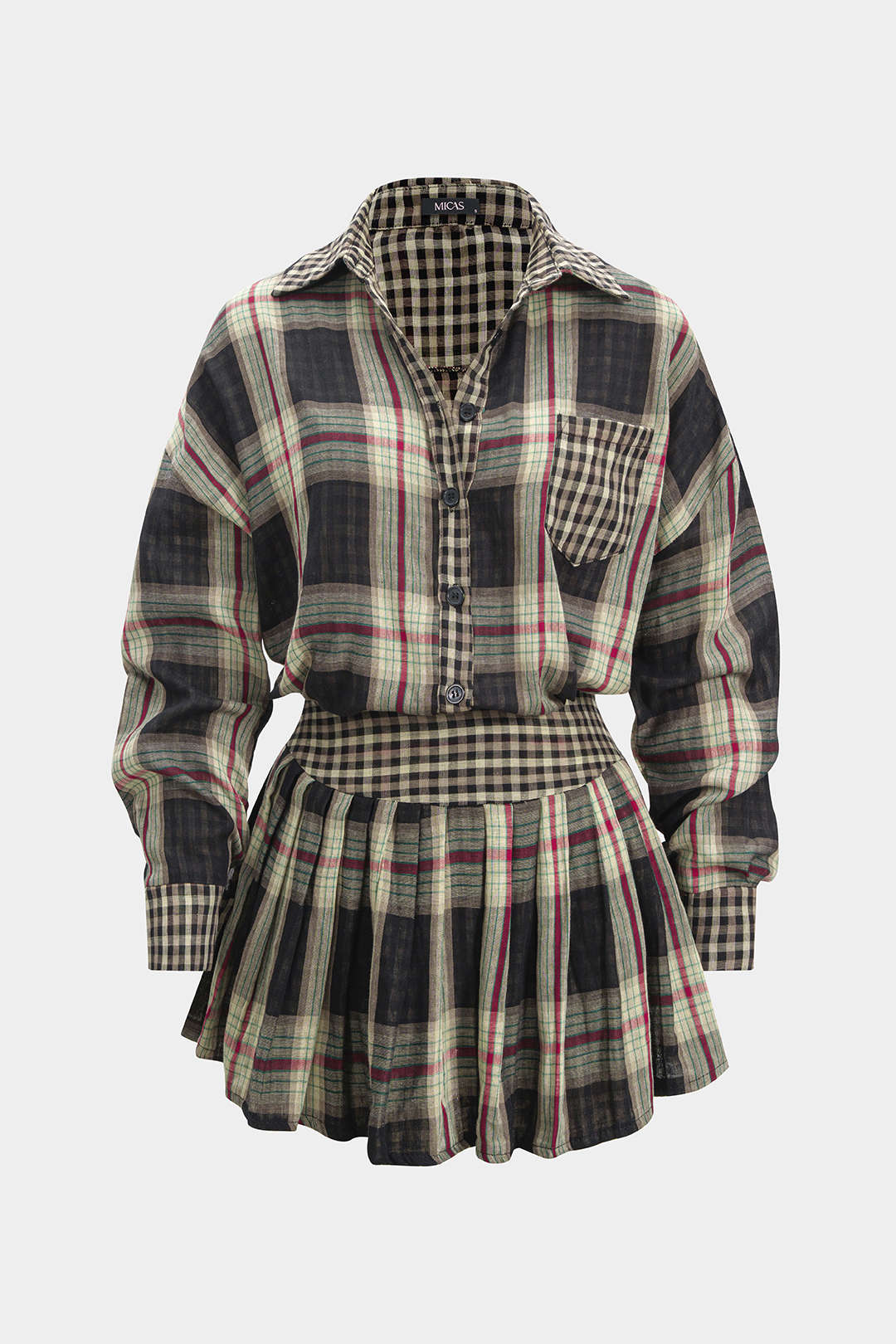 Plaid Print Button Long-Sleeve Shirt And Mini Skirt Set - Weenar