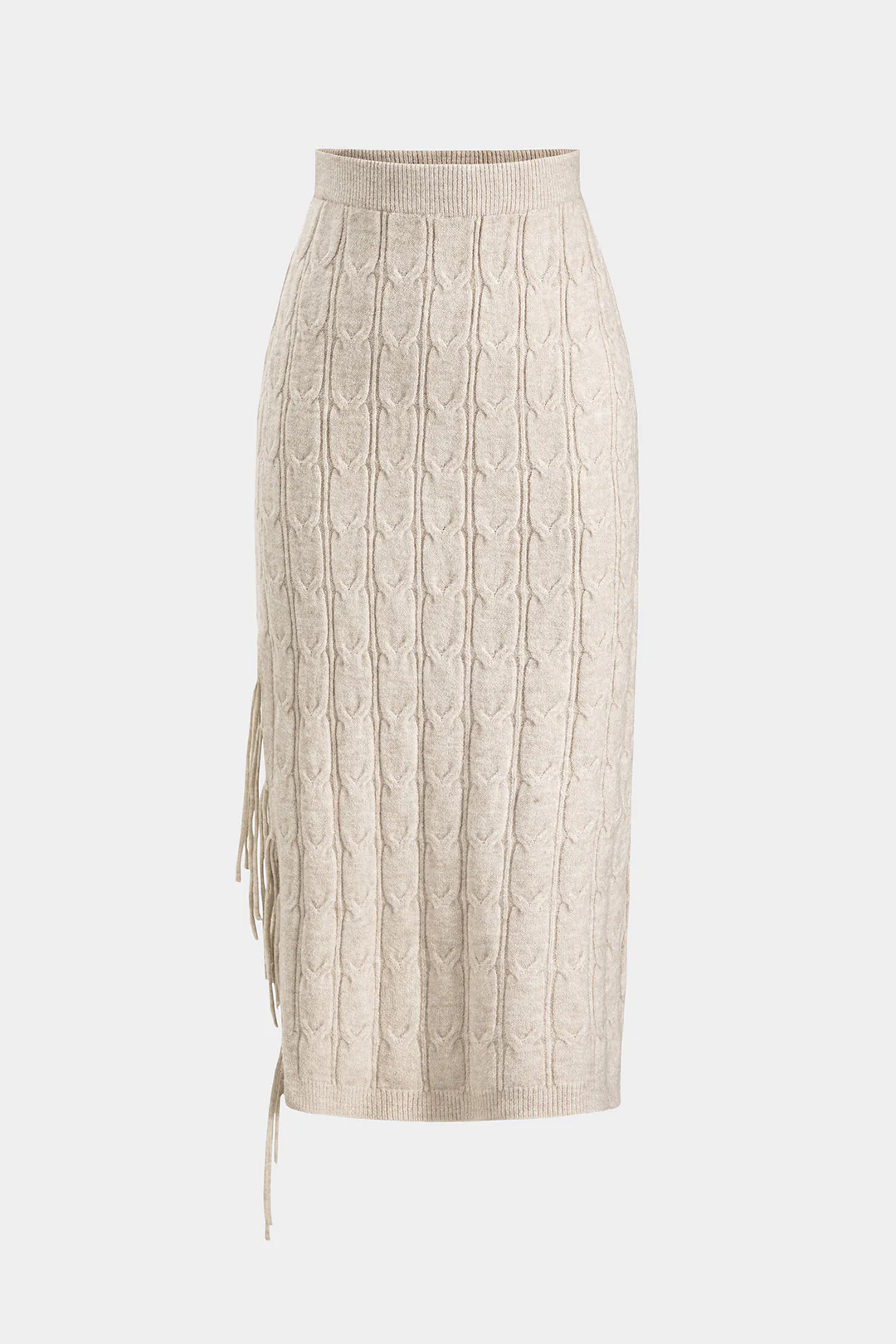 Cable Knit Fringe Long-Sleeve Top And Skirt Set - Weenar