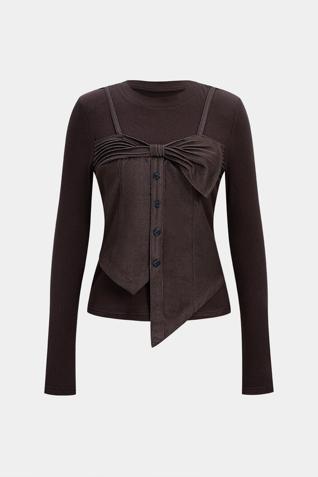 Round Neck Button Asymmetrical Long-Sleeve Top - Weenar