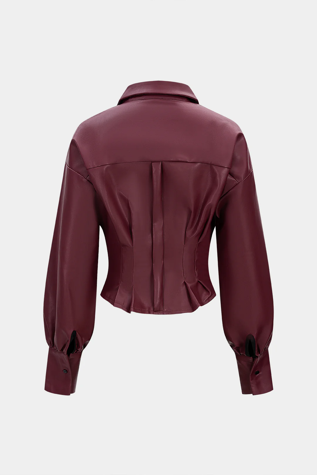 Faux Leather Pleated Belted Long-Sleeve Shirt - Weenar