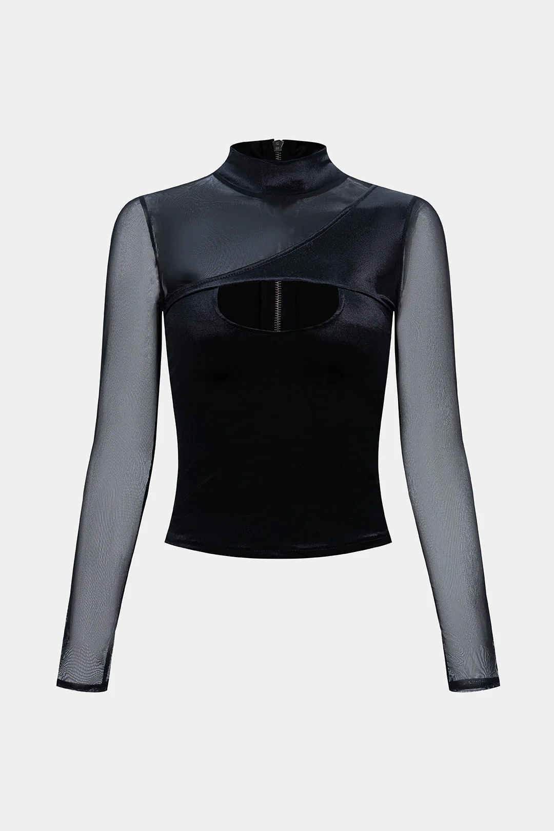Mesh Patchwork Velvet Mock Neck Asymmetrical Cut Out Long-Sleeve Top - Weenar