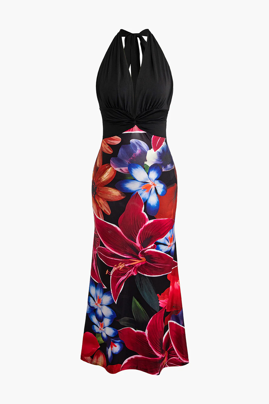 Floral Print Halter Neck Tie Up Backless Patchwork Sleeveless Maxi Dress - Weenar