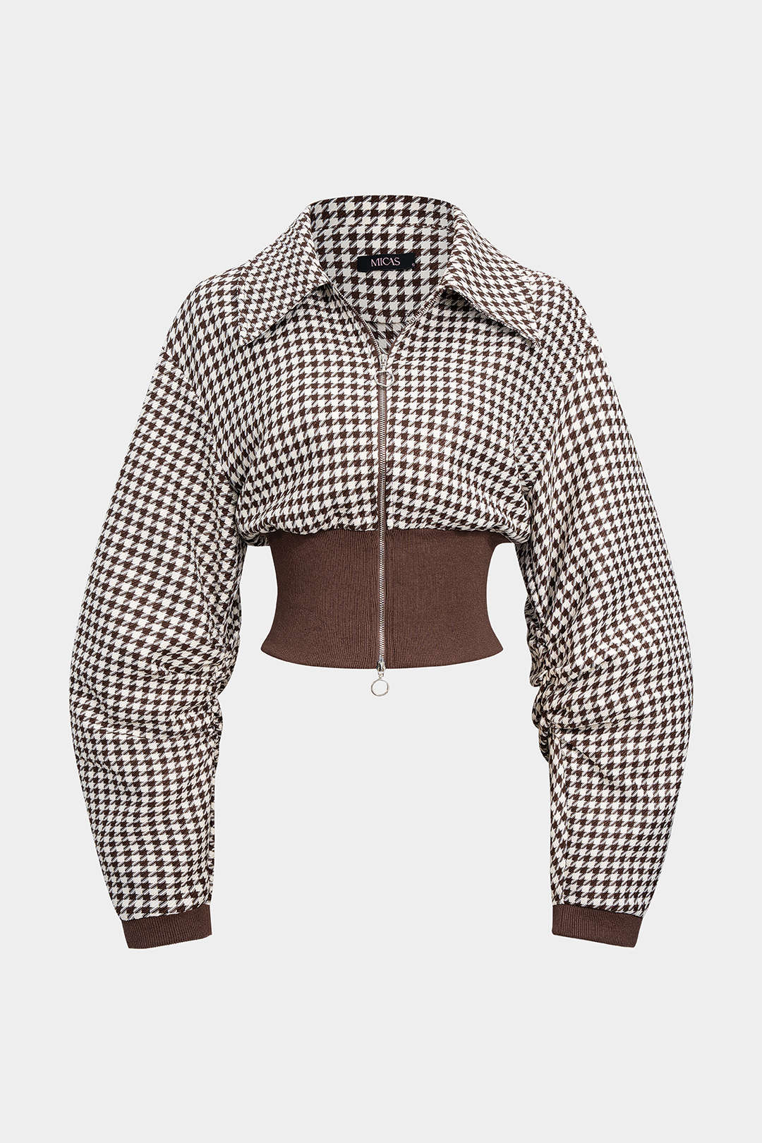 Houndstooth Print Patchwork Zipper Jacket - Weenar