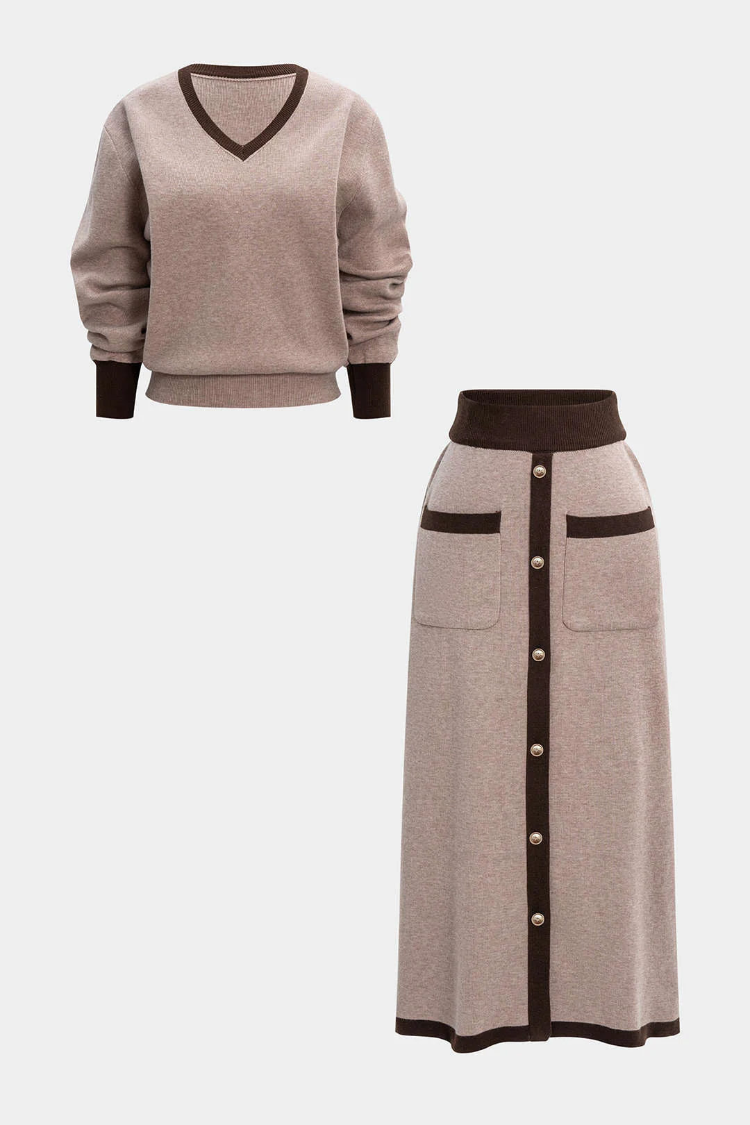 Knit Contrast V-Neck Long-Sleeve Top And Button Skirt Set - Weenar