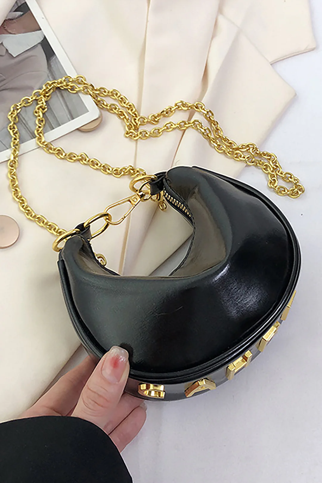 Faux Leather Chain Zipper Tote Bag - Weenar