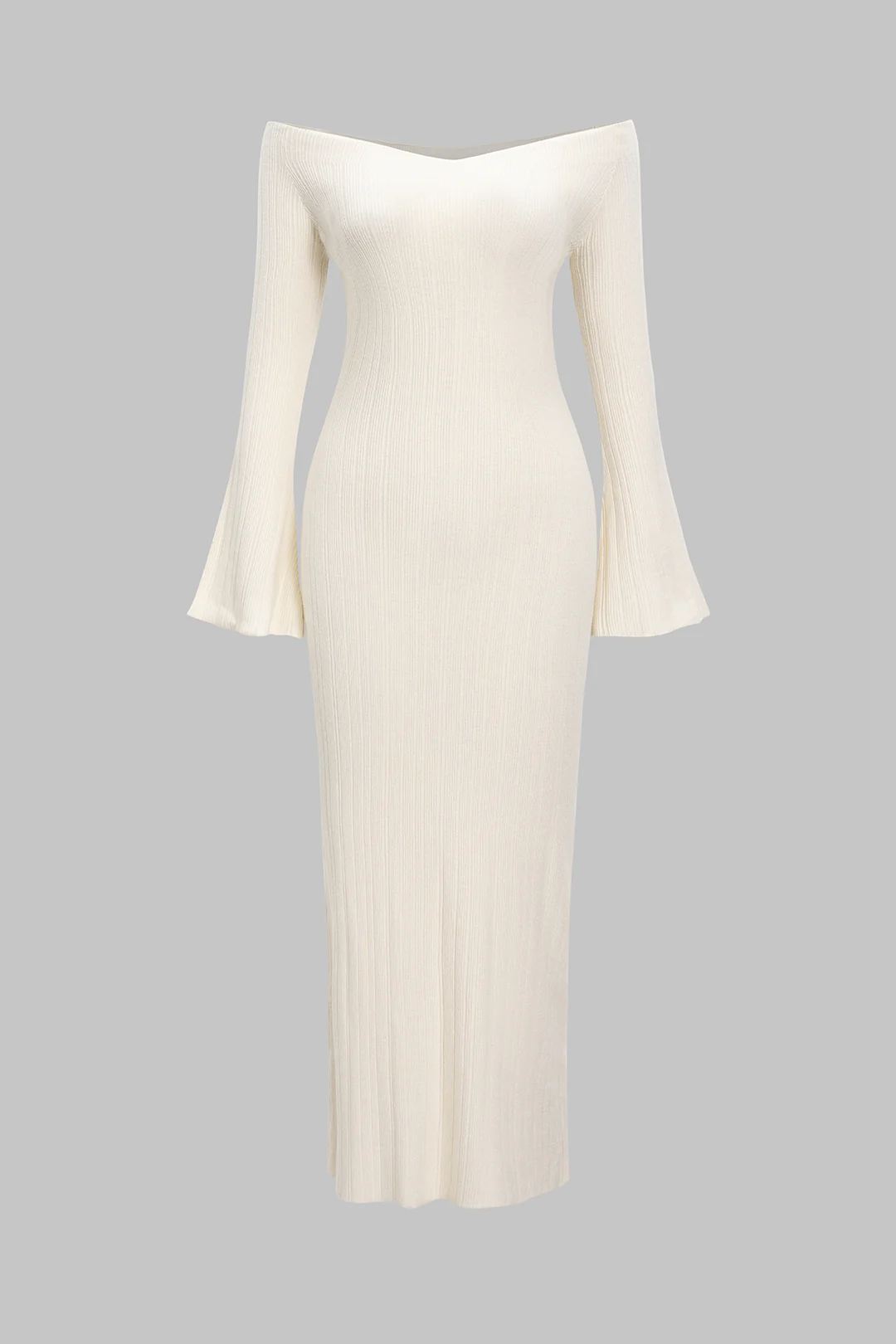 Knit Off Shoulder Bell Long Sleeve Dress - Weenar