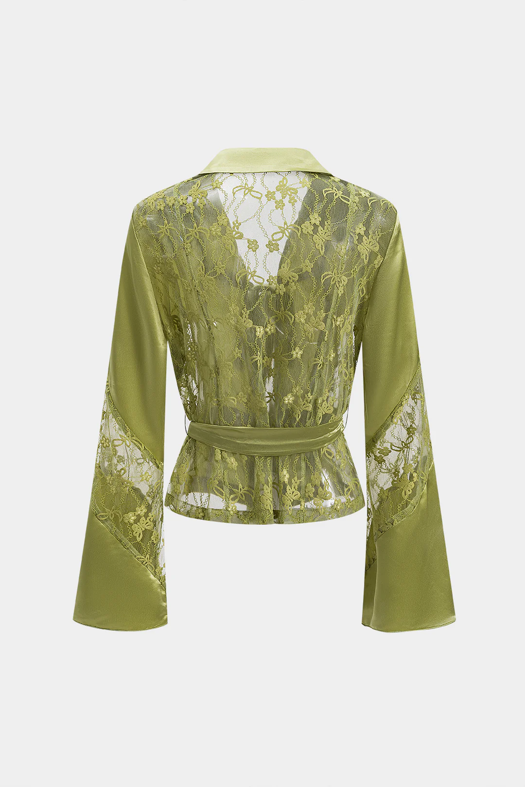 Satin Patchwork Tie Front Bell Sleeve Long-Sleeve Shirt - Weenar