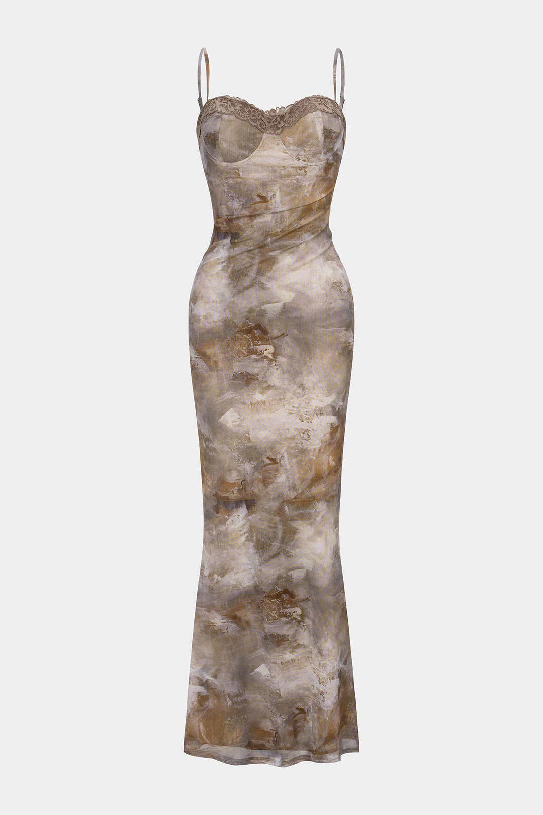 Abstract Print Patchwork Lace Trim Bustier Sleeveless Maxi Dress - Weenar