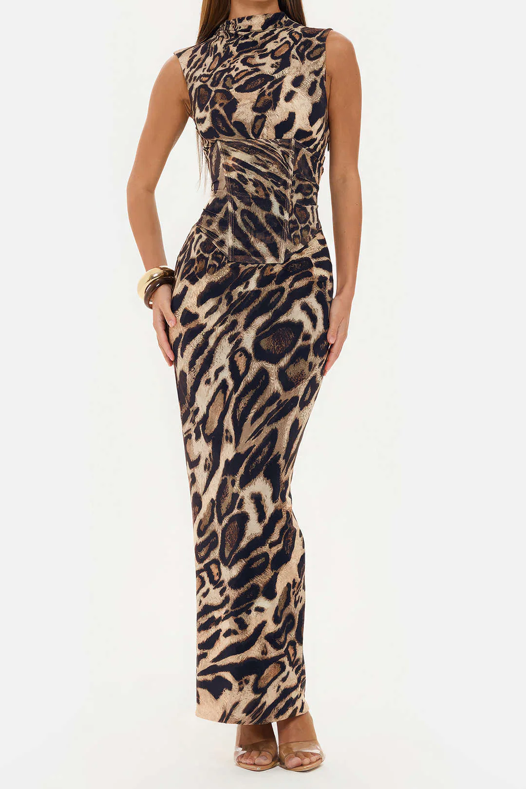 Leopard Print Mock Neck Tie Back Corset Sleeveless Maxi Dress - Weenar