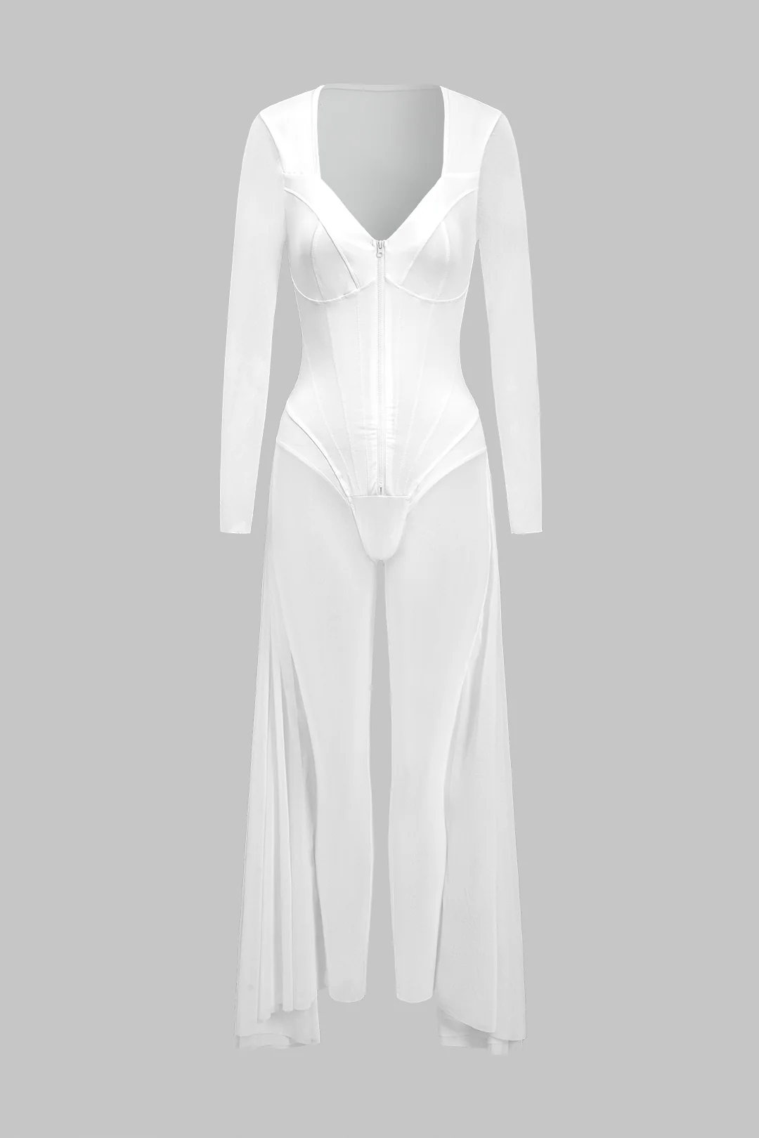 Mesh Sheer Zipper Bustier Corset Long Sleeve Jumpsuit - Weenar