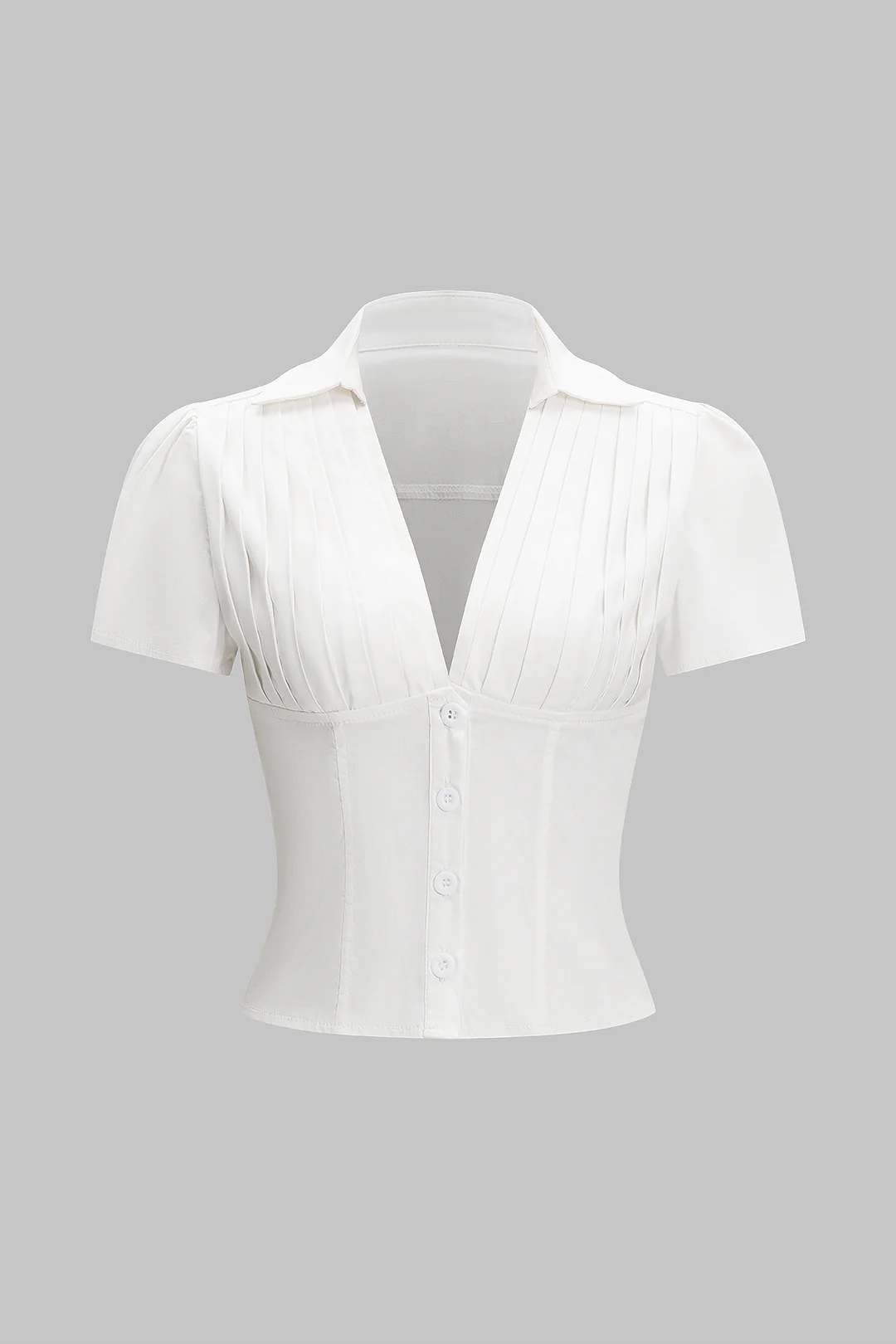 V-Neck Pleated Button Short-Sleeve Shirt - Weenar