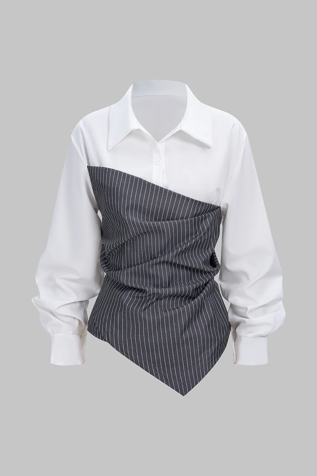 Stripes Print Patchwork Asymmetrical Ruched Long-Sleeve Shirt - Weenar
