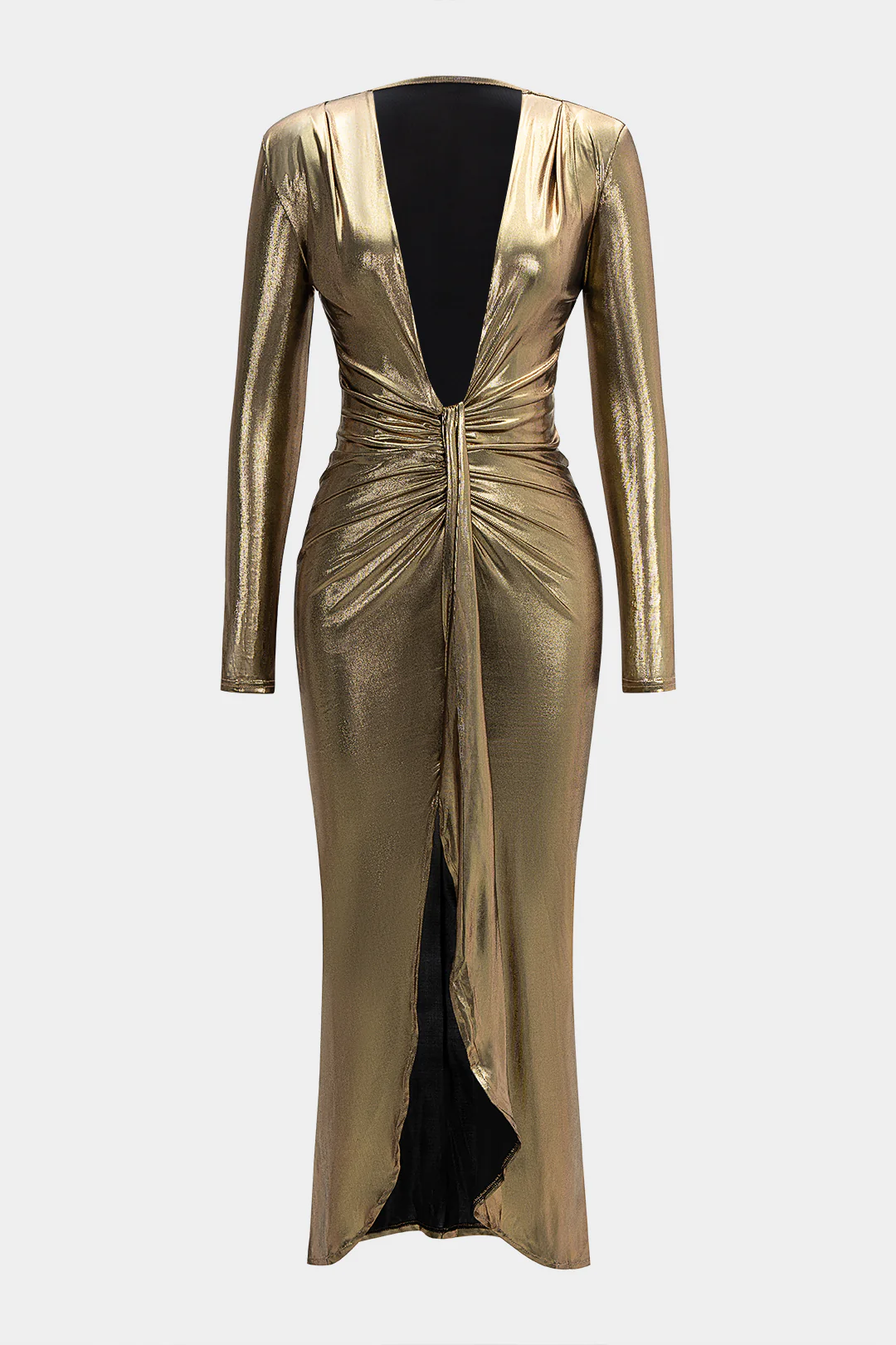 Deep V-Neck Ruched Long Sleeve Maxi Dress - Weenar