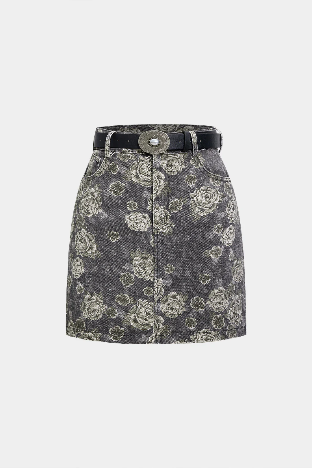 Floral Print Denim High Waist Belted Mini Skirt - Weenar