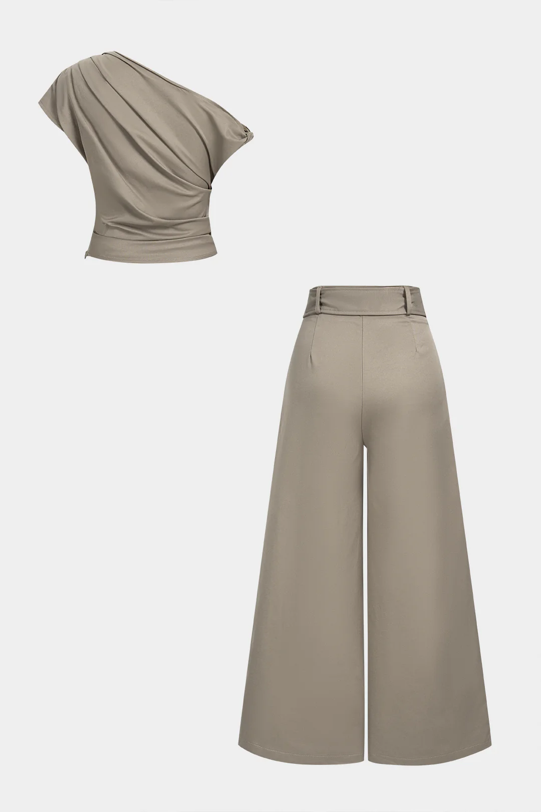 One Shoulder Ruched Twist Knot Tank Top And Belted Wide Leg Pants Set - Weenar