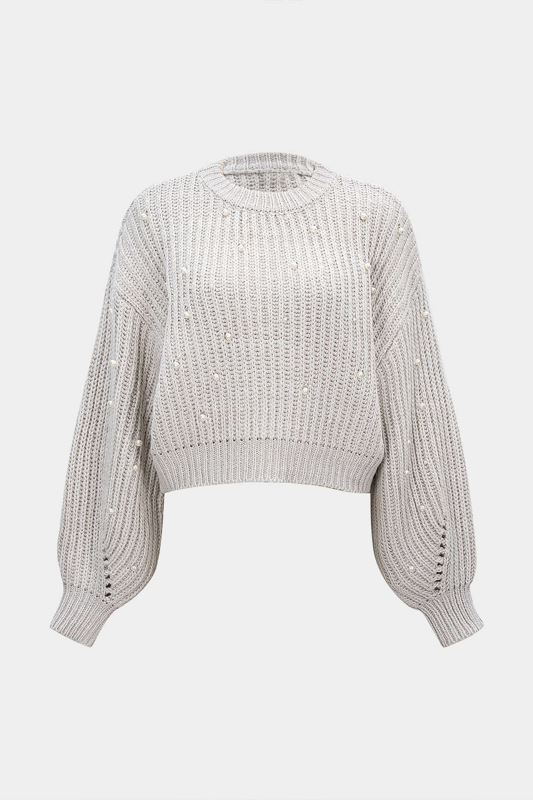 Knit Beaded Decor Round Neck Long-Sleeve Top - Weenar