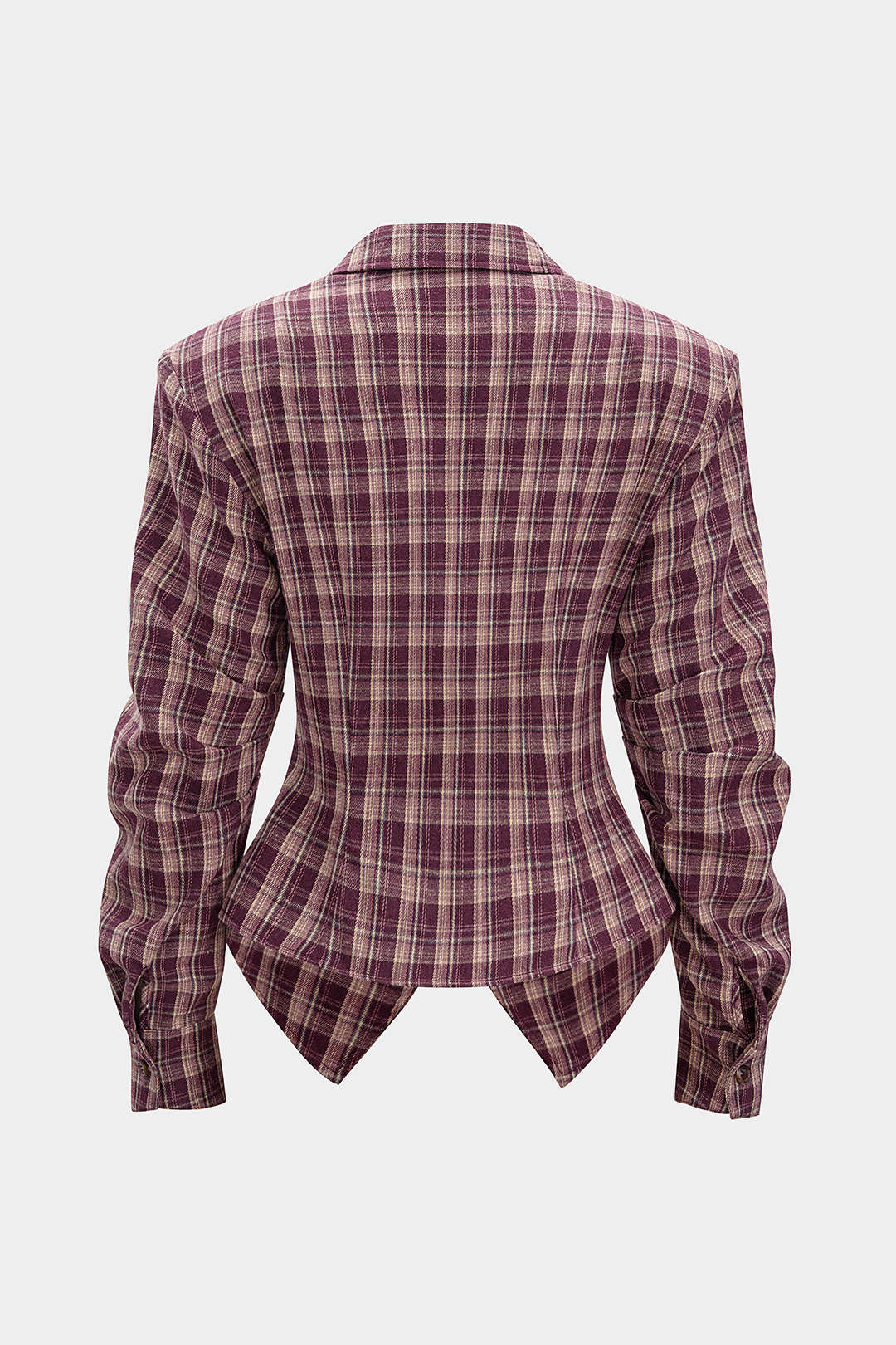 Plaid Print Ruched Waist-Cinching Long-Sleeve Shirt - Weenar