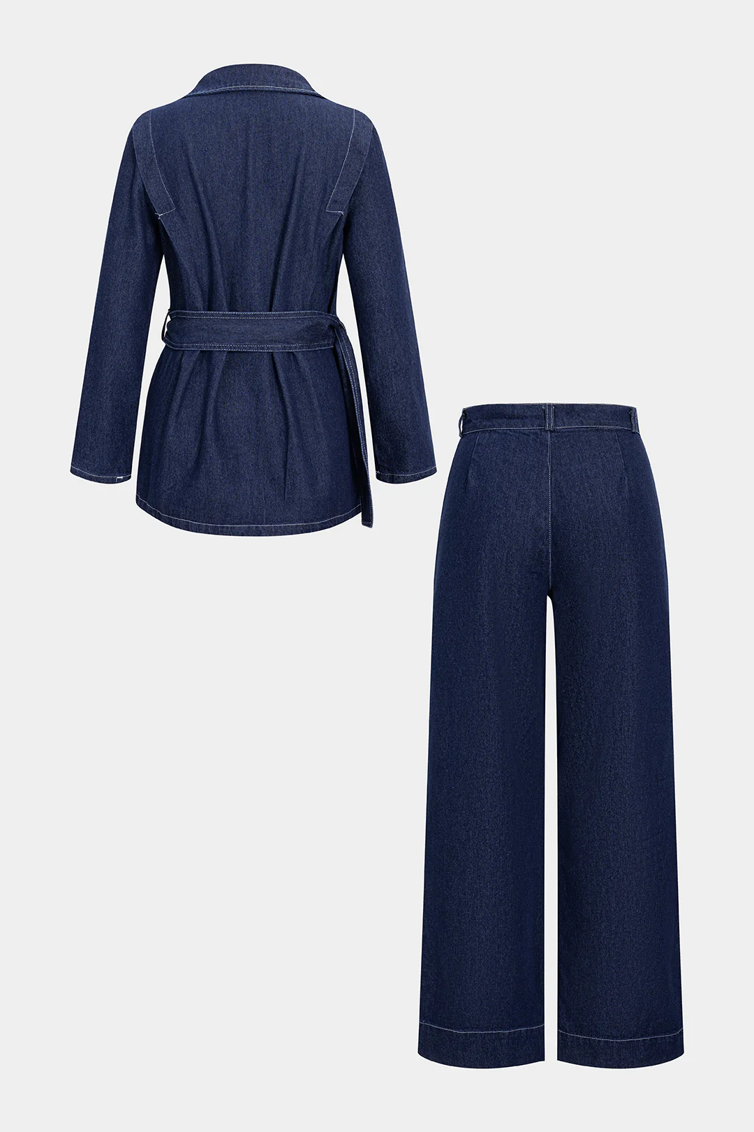 Denim Button Belted Long Sleeve Shirt And Straight Leg Jeans Set - Weenar