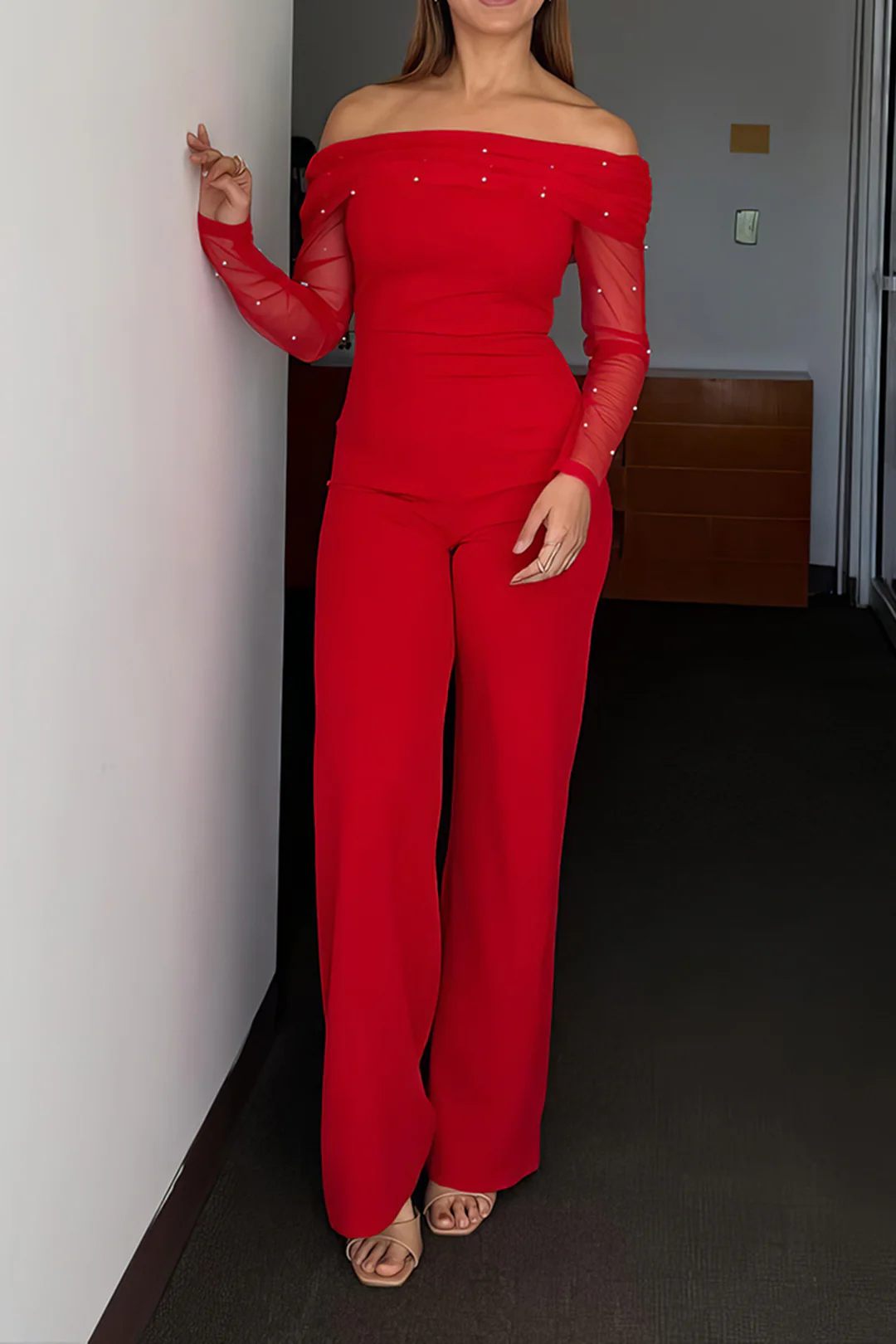 Pearl Decor Off-Shoulder Wide Leg Long Sleeve Jumpsuit - Weenar