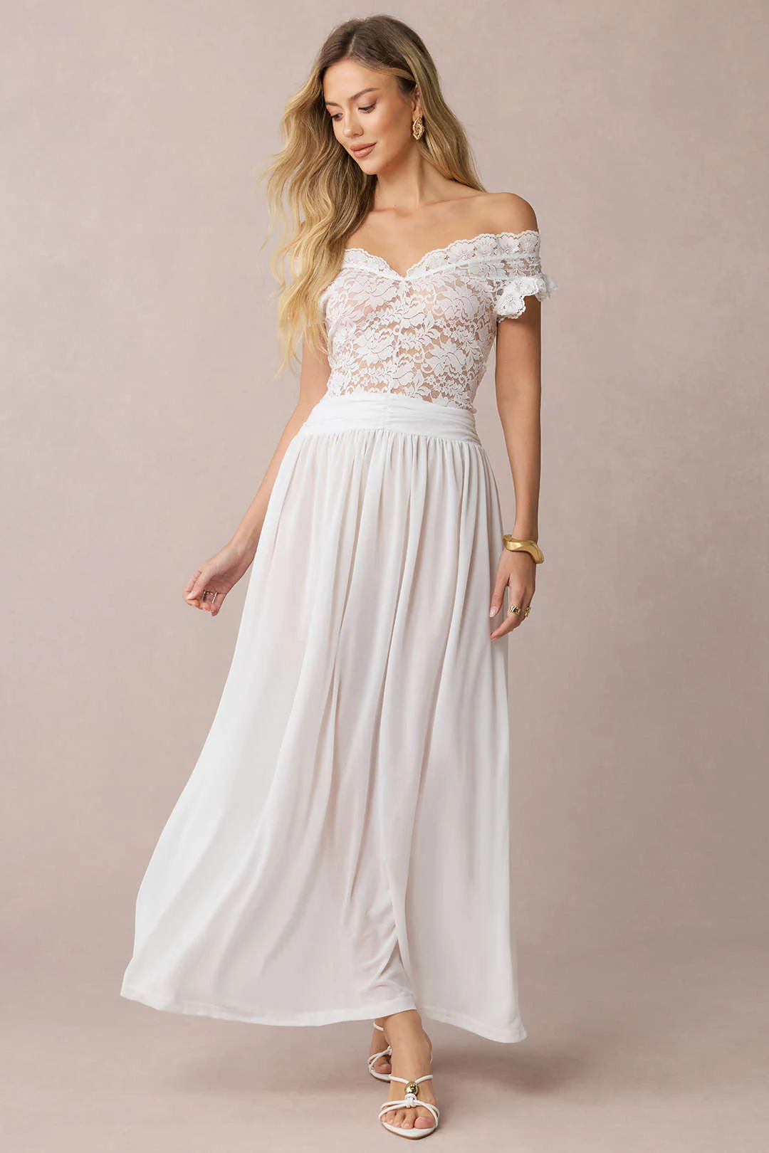 Sheer Lace Patchwork Off-Shoulder Ruched Sleeveless Midi Dress - Weenar