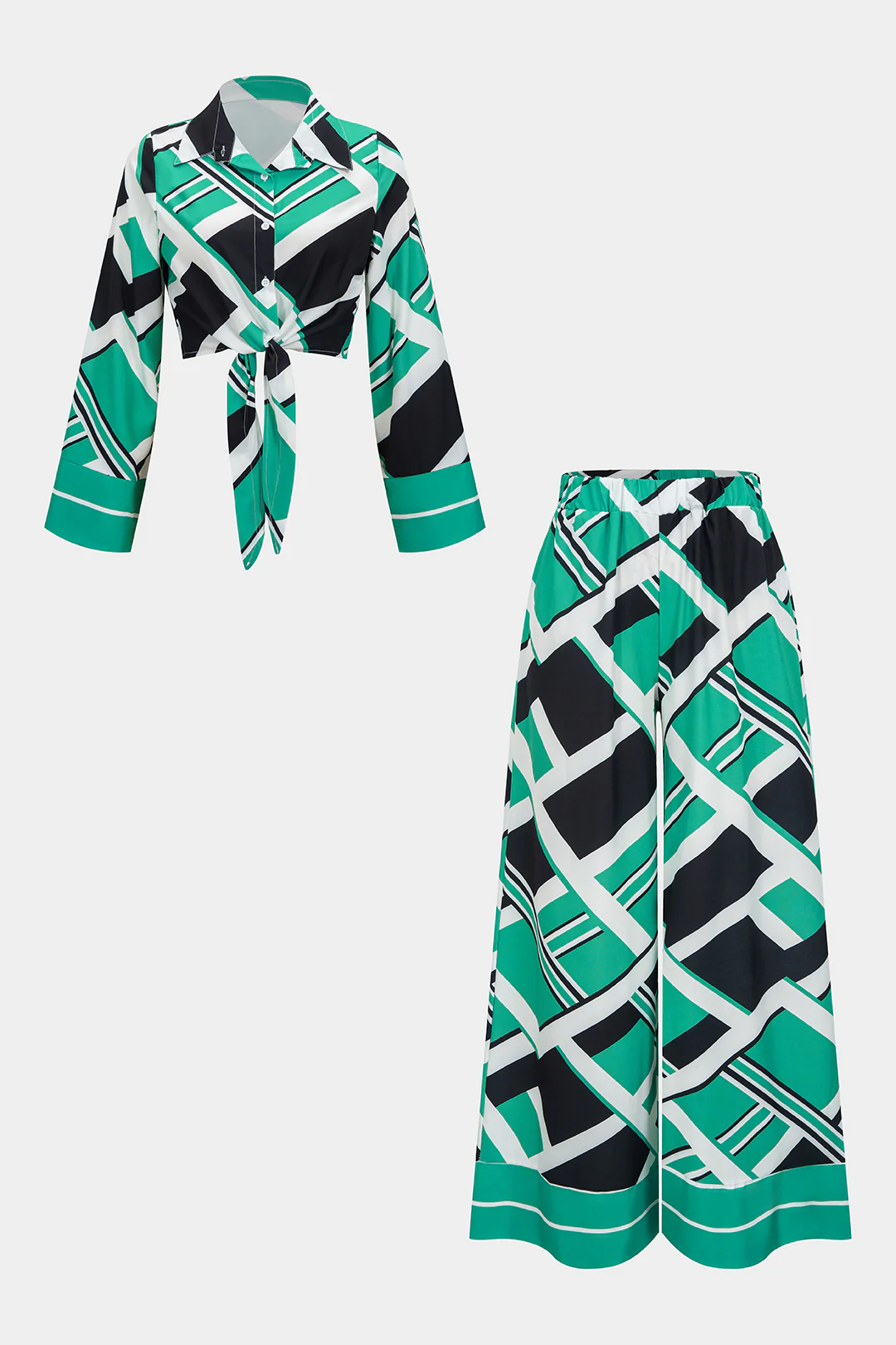 Abstract Geometric Print Satin Knotted Long Sleeve Top And Wide Leg Pants Set - Weenar