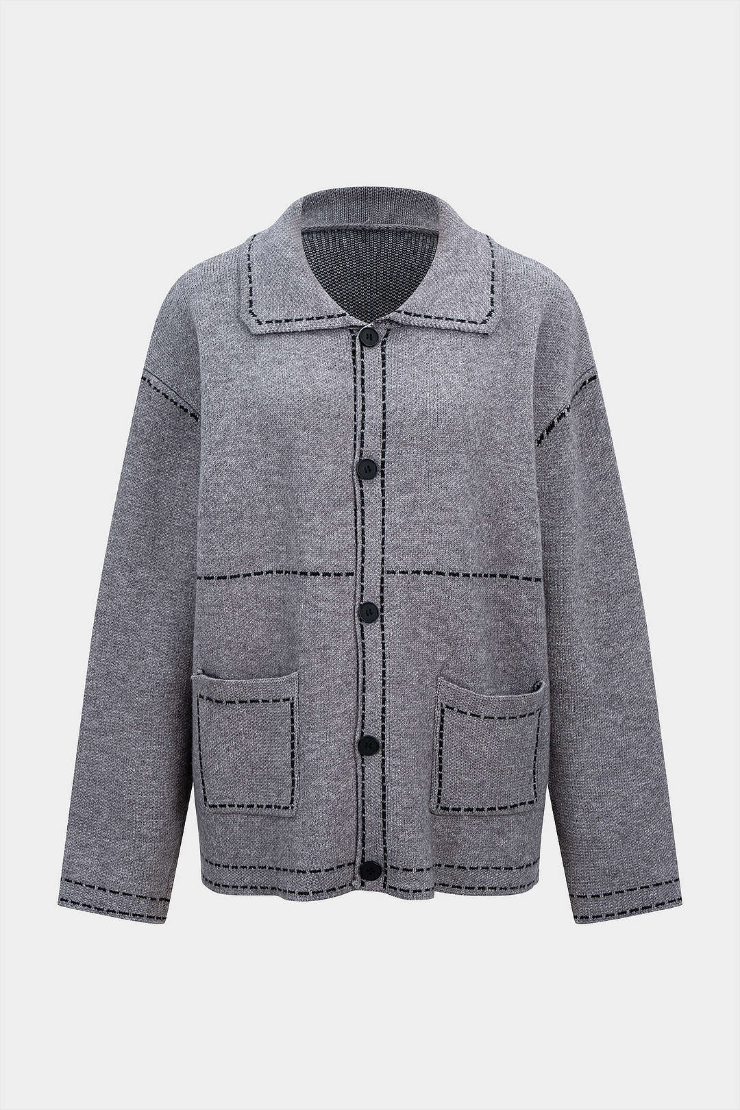 Knit Contrast Line Lapel Cardigan - Weenar