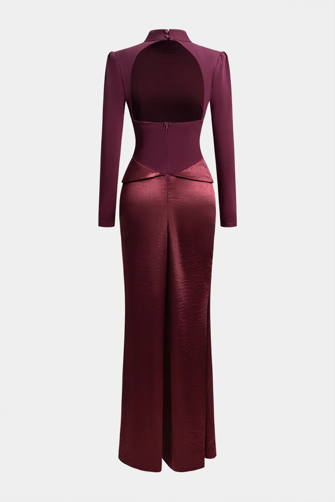 Satin Patchwork Mock Neck Backless Long-Sleeve Maxi Dress - Weenar